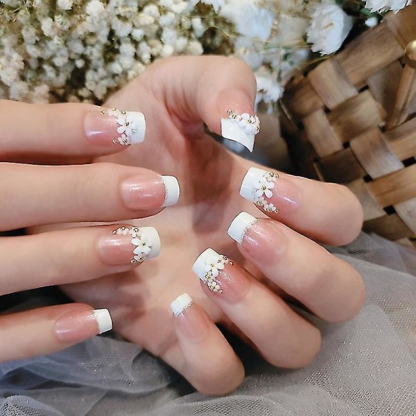 Brud lysande strass Bröllop lösnaglar damer enkelt mode franska falska naglar Vit Beige Akryl Nageltips med lim