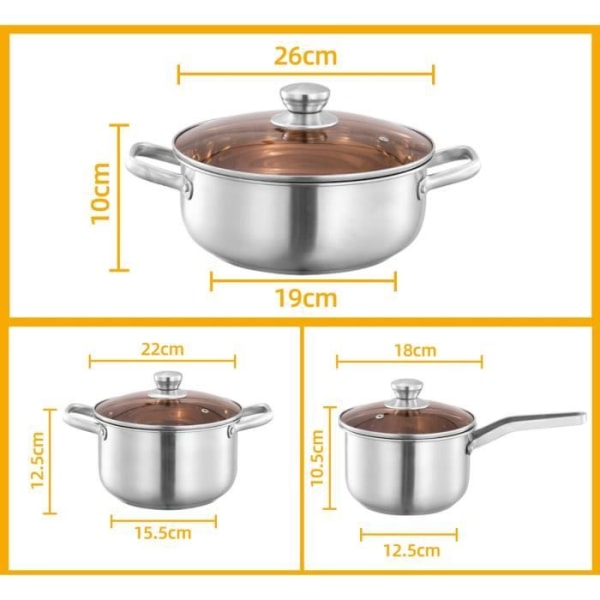 3 delar kokkärl - rostfritt stål - 18-22-26cm - alla värmekällor inklusive induktion