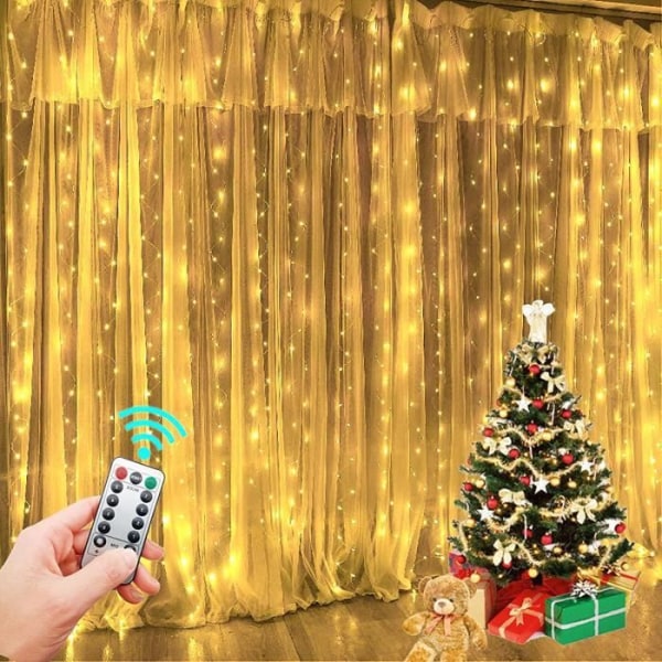 LED-gardinljusslinga, led-remsa, pannband för bröllopsdekoration och jul, USB-fjärrkontroll (varmvit, 3m*3m)