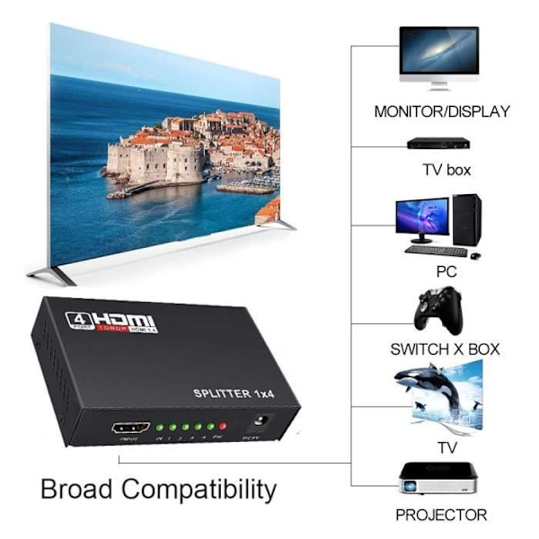 HDMI Splitter 4 Port 1x4 TV Converter Splitter med 1 ingång 4 utgång 1080p Full HD HDCP