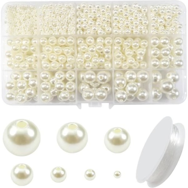 1400 beige runda plastpärlor lämpliga för smyckeshalsbandstillverkning, 3-14 mm med kristalltråd