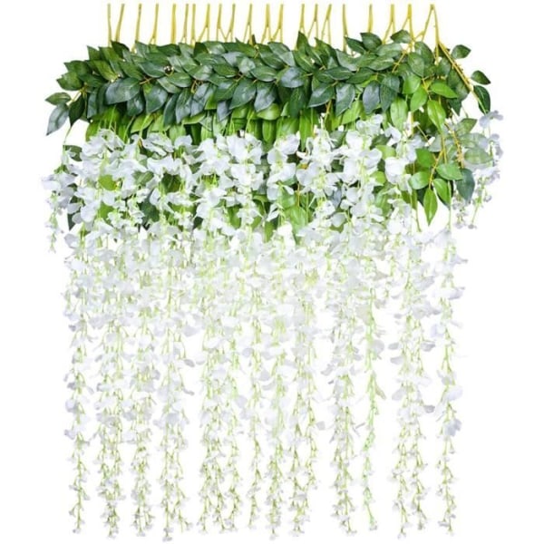 Set med 12 konstgjorda blommor Fake Wisteria Vine Silke Flower Hängande krans för hemträdgård bröllopsfest dekoration - vit