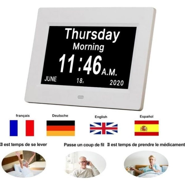 YOLISTAR Digital klocka LED-kalender - 19 typer av bilder och röstsändningsfunktion - vit - För äldre