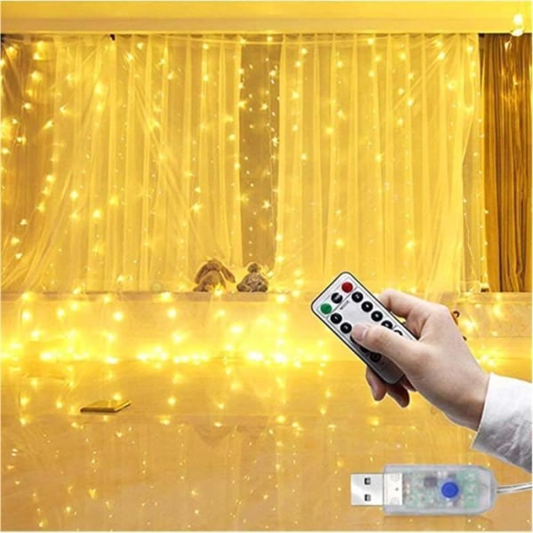 LED-gardinljusslinga, led-remsa, pannband för bröllopsdekoration och jul, USB-fjärrkontroll (varmvit, 3m*3m)