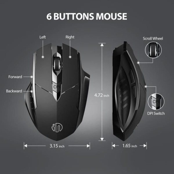 Trådlös mus, 2,4G uppladdningsbar trådlös ergonomisk optisk mus med 6 knappar USB Nano-mottagare, svart