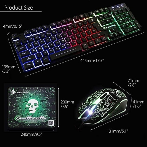 Rainbow Bakgrundsbelyst USB Gaming Tangentbord + 2400 DPI LED Gaming Mouse 6 knappar + Musmatta Svart