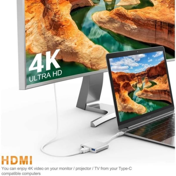 4K USB C till HDMI Adapter, 3 i 1 Typ C Hub till HDMI Adapter Converter med USB 3.0-port och USB C-laddningsport