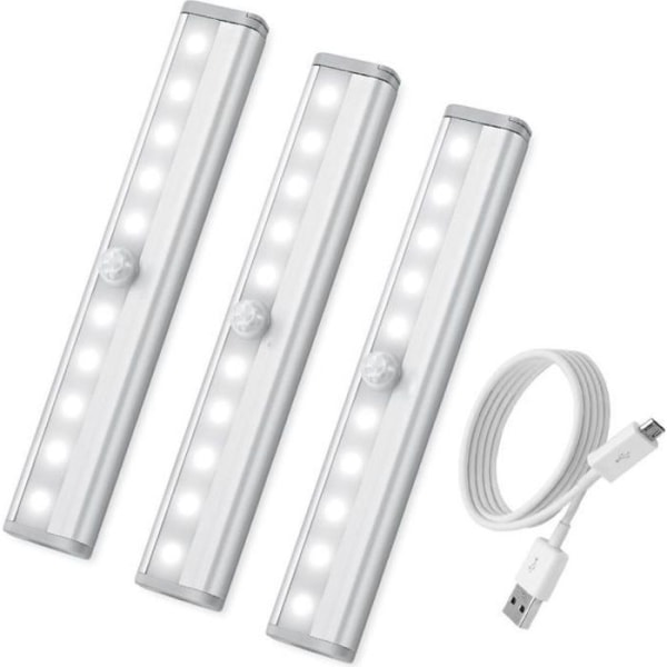 10 LED rörelsesensorlampa [3-pack], USB-uppladdningsbar LED-nattlampa för hemkök och kontor (vit)