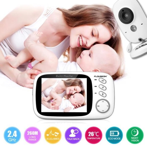 Floureon VB603 Digital Baby Monitor Baby Monitor 2,4 GHz LCD trådlös lyssningskamera - Vit