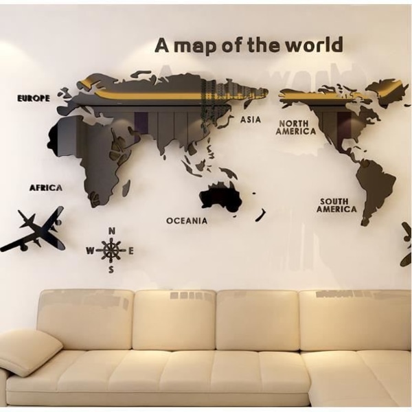 3D DIY World Map Wall Sticker - Svart - Väggdekoration för hemmet - Storlek 1,2*0,6m