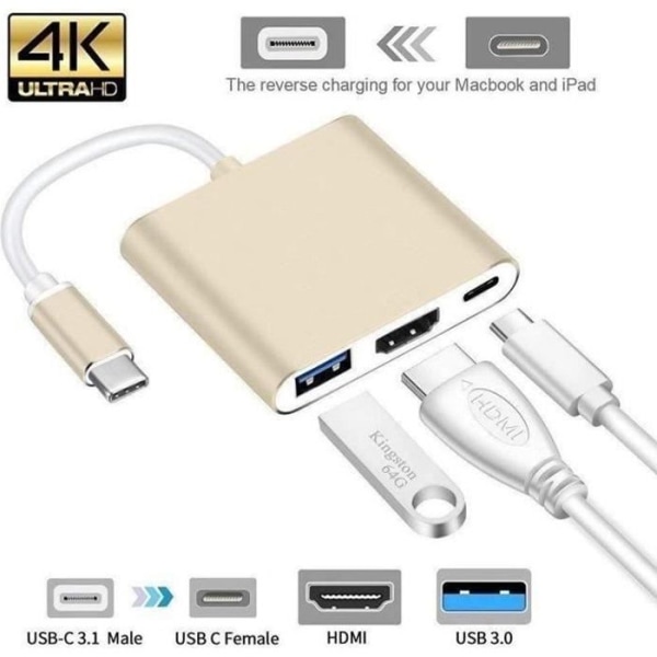 4K USB C till HDMI Adapter, 3 i 1 Typ C Hub till HDMI Adapter Converter med USB 3.0-port och USB C-laddningsport