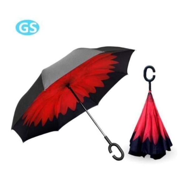 Inverterat omvänt paraply Automatisk käpp Stor storlek Vattentät Anti-UV Anti-Vind Anti-Rollover C-handtag（Svart Röd）
