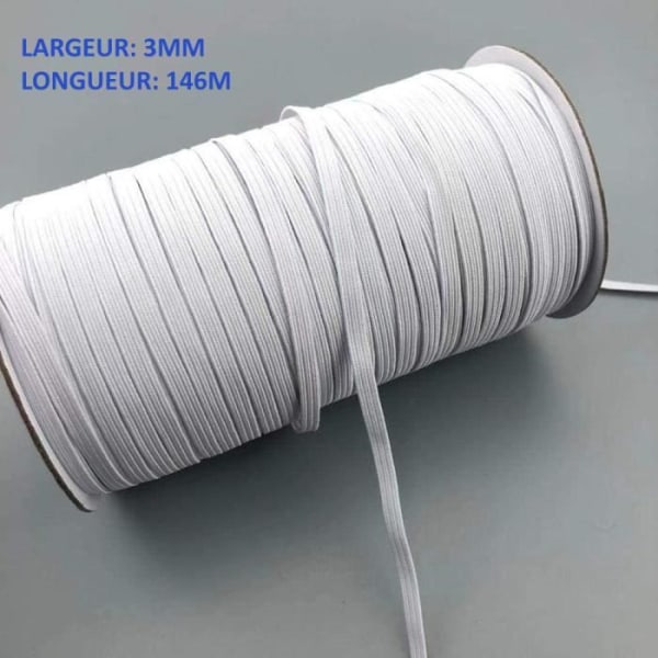 Brett vitt elastiskt band 3 mm 146 m - Spole med platt elastiskt band för tyg - Elastiskt snöre