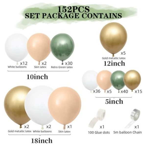 Sage Olive Green Balloon Garland Arch Kit - 152 Olivgröna, vita, guld ballonger för baby- och brudduschar, L