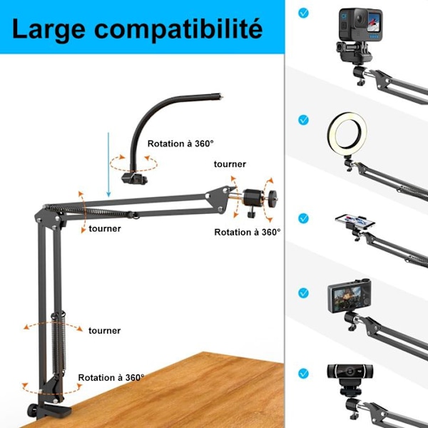 Overhead kamerafäste med ringljus, flexibel ledad telefonarmshållare kompatibel med iPhone, stativ