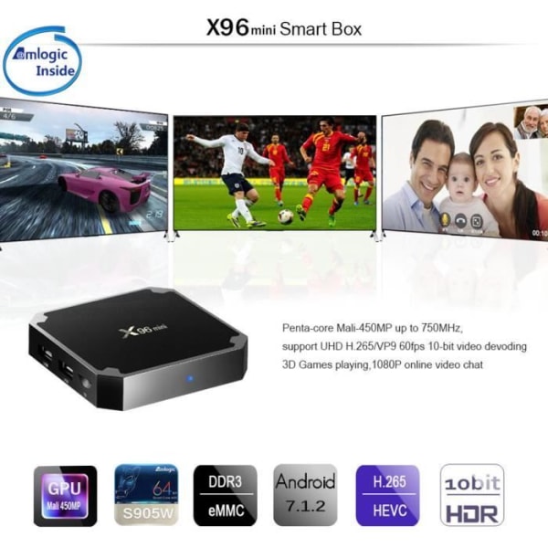 X96 Mini Smart TV Box Android 7.1.2 Amlogic S905W Quad Core H.265 VP9 HDR10 Mini PC 1GB+8GB DLNA WiFi LAN HD Svart