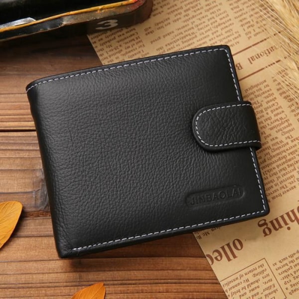 Slipplånbok för män äkta läder säkrad med flikstängning med tryckknapp, mode plånbok för män, Casual plånbok-svart