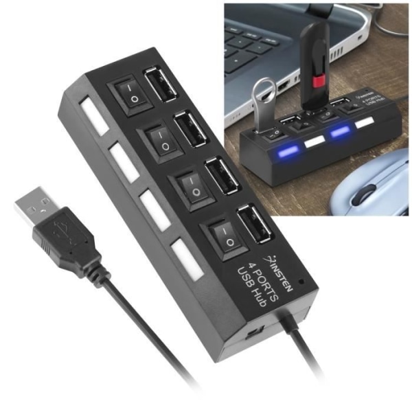 INSTEN® Hub Power Strip 4 portar USB 2.0 svart med på/av-brytare för dataöverföringssynkronisering Dator ...