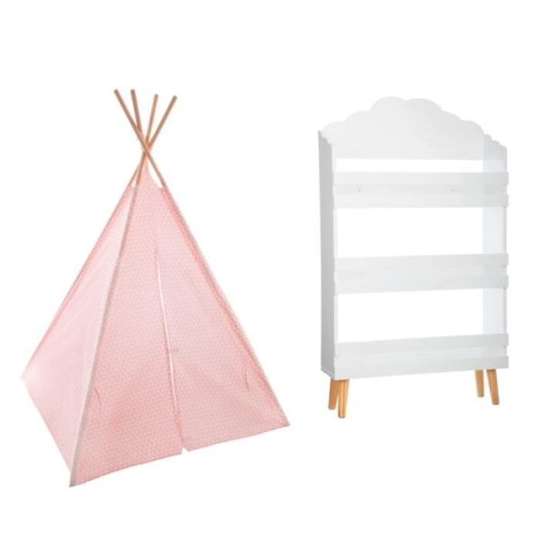 Bibliotek moln vit 3 hyllor + Tipi dekoration rosa H160 för barn Vit, Rosa