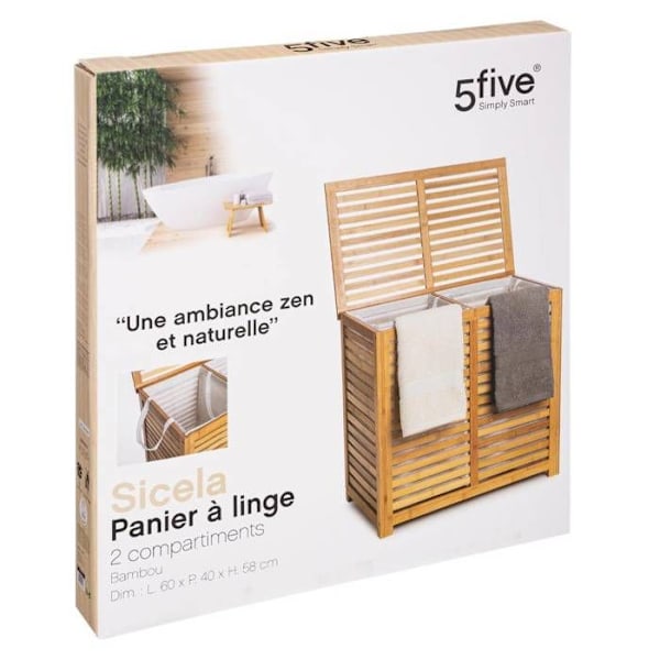 5five - dubbel tvättkorg 50l "sicela" bambu kastanj