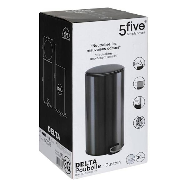 5five - metal affaldsbeholder 30l "delta" inox sort Ljusgrått