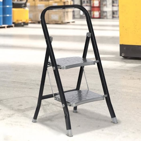 Foldable step stool - Brand - 2 steps - Black metal and chrome