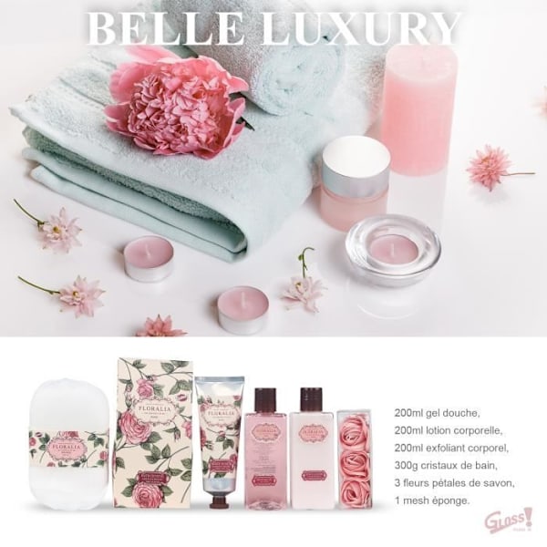 Gaveæske - Gloss - Badeæske i træ - Duft af rose - 8 dele - Unisex