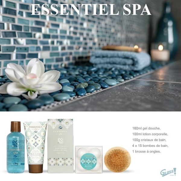 Badhylla - Essentials Spa - 5 delar - Duschgel 160ml - Kroppslotion 100ml - Badkristaller 100g