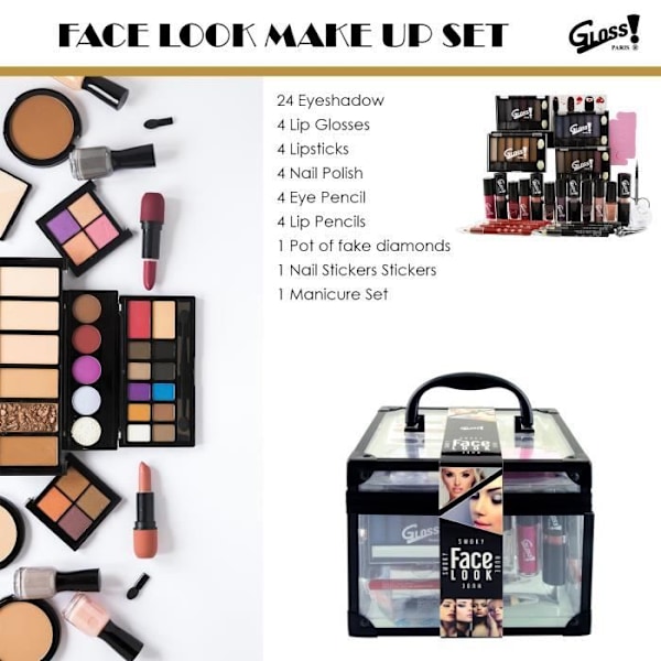 Meikkaussetti - Gloss! - Essential-kokoelma - 44 kpl - 4 palettia - 4 huulipunaa - Mukana lisävarusteet
