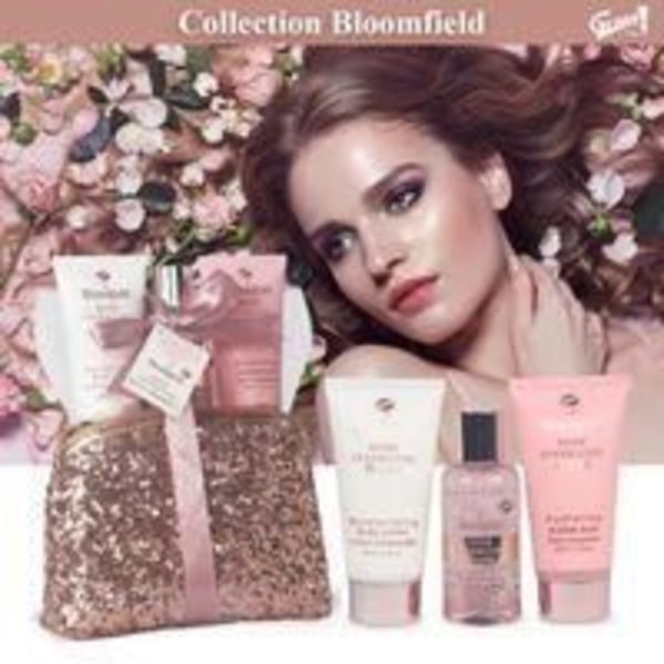Kylpypakkaus - Bloomfield - Vaaleanpunainen - Suihkugeeli 100ml - Kylpyvaahto 95ml - Voide 95ml Rosa
