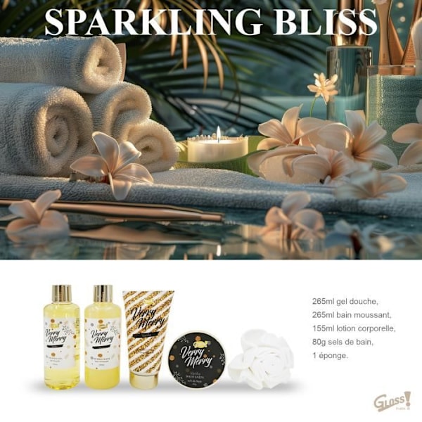 Badekappe - Verry Merry - Gylden badekar - Vanilje - Duschgel 265ml - Bade-salt 80g