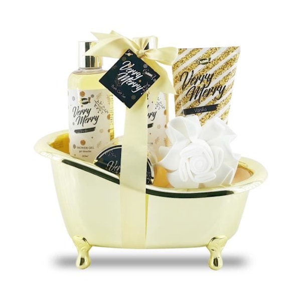 Badekappe - Verry Merry - Gylden badekar - Vanilje - Duschgel 265ml - Bade-salt 80g
