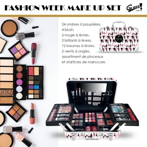 Makeup-malett XXXL - GLOSS - Design i Rosa og Sort - Øjenskygger - Lipgloss - Blush rosa och svart