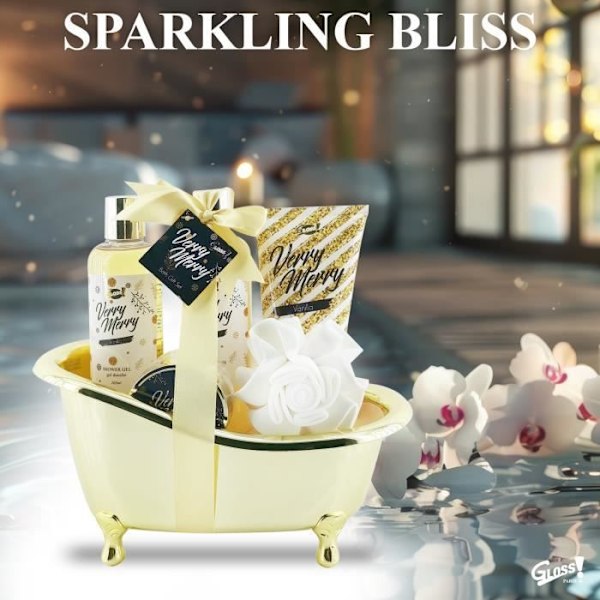 Badekappe - Verry Merry - Gylden badekar - Vanilje - Duschgel 265ml - Bade-salt 80g