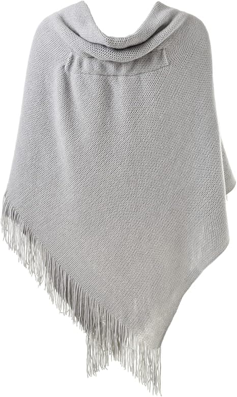 Elegant varm dameponcho sjal (grå) åben front med frynser