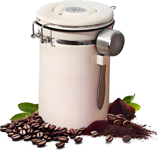 Kaffedåse i rustfrit stål med ske, perfekt til opbevaring af kaffebønner i køkkenet.