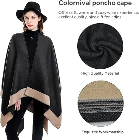 Elegant sjalcape til kvinder, åben front, blød poncho, velegnet til forår, efterår og vinter. Guld+sort gold＋black