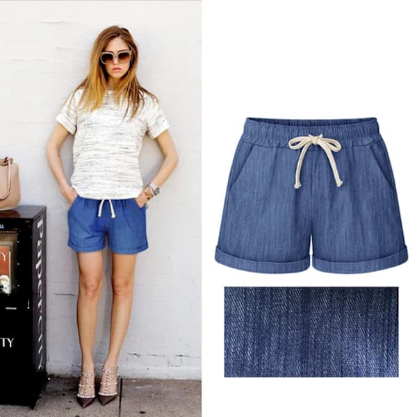 Afslappede bomuldsshorts til kvinder med elastisk talje og snøre --- Denimblå (Størrelse XL)