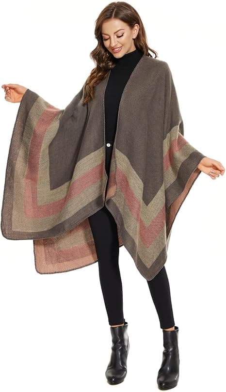 Elegant sjalcape til kvinder, åben front, blød poncho, velegnet til forår, efterår og vinter. Pink＋Grå pink＋grey
