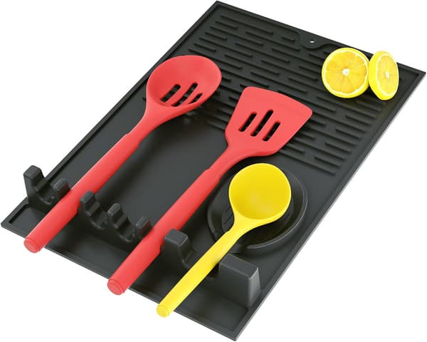 Stor silikone redskabsholder med drypmåtte til flere redskaber, venstre side sort Black