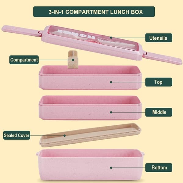 Matlåda, Fackbehållare, Vetestrå, Läcksäker Stapelbar Bento Matlåda Måltidsförberedelse pink