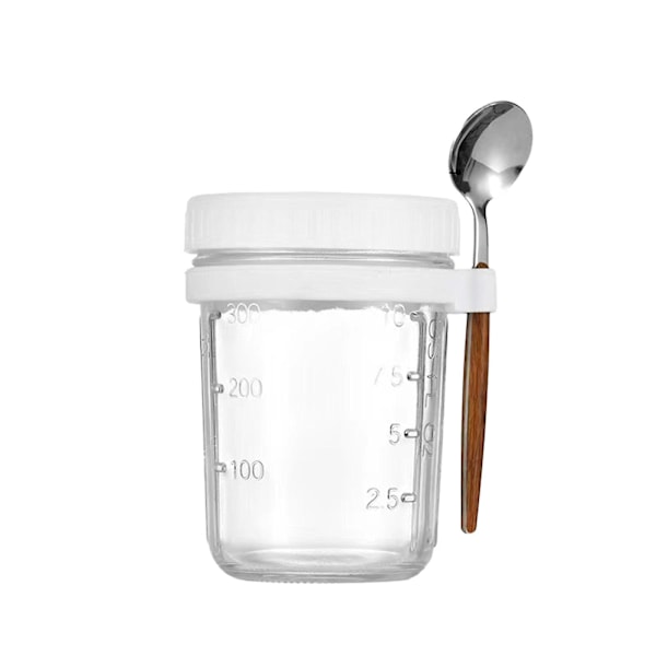 Bästsäljare - Havregrynsmoothieburk Glasbehållare för flingor Go Salladsbehållare Lock Overnight Oats Burkar med Lock och Skedar white 350ml