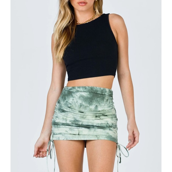 Rynkad Ribbad Bodycon Kjol Tie Dye Elastisk Snörning i Sidan Rynkad Bodycon Kjol för Kvinnor Dejting Grön L