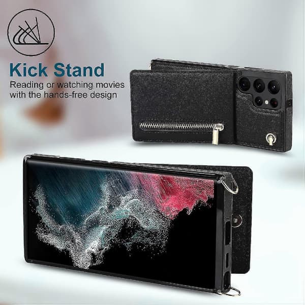 Læder Wallet Case til Samsung Galaxy S23 Ultra/ S23+/ S23 med Halsrem & Stativ & Lynlås Wallet