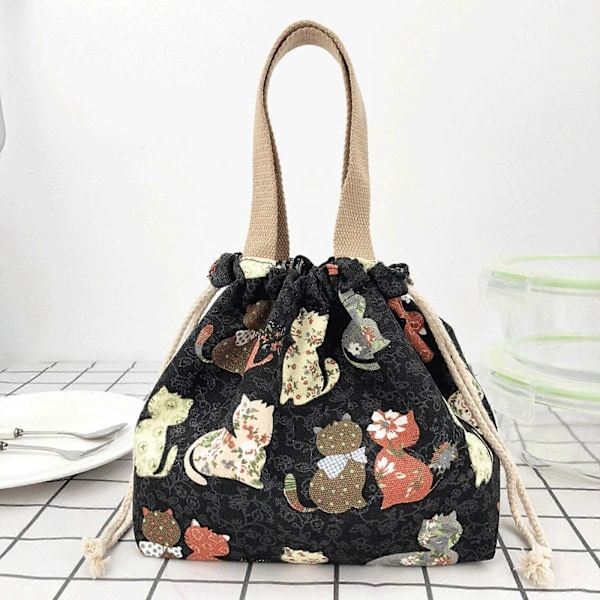 Canvas Dragsko Lunchlåda Återanvändbar Bento Väska för Camping Resor Strand Black 20cmx13cmx20cm