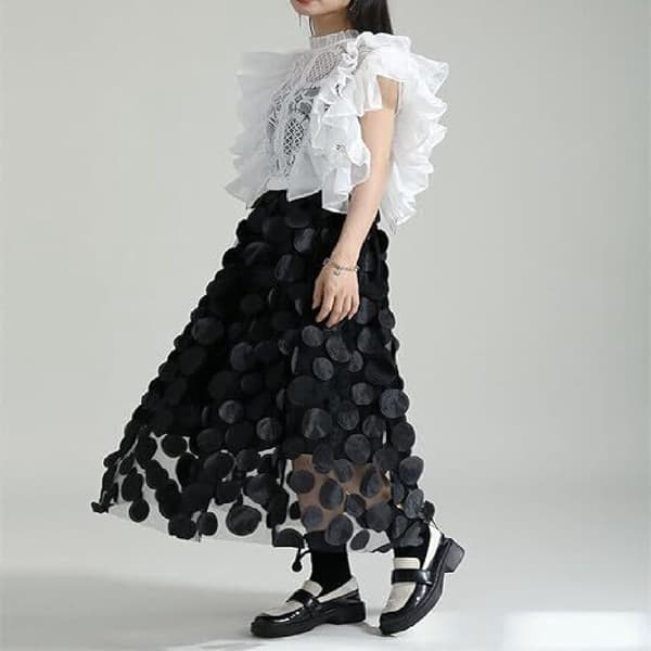 Customs Skjørt Kvinner 3D Polka Dot Mesh Flowy A-Line Midi Skjørt black