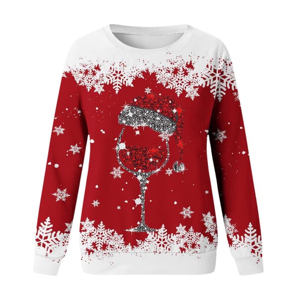 Julesweater til kvinder, rund hals langærmet hættetrøje, pullover - Rød - Størrelse M Rød Red M