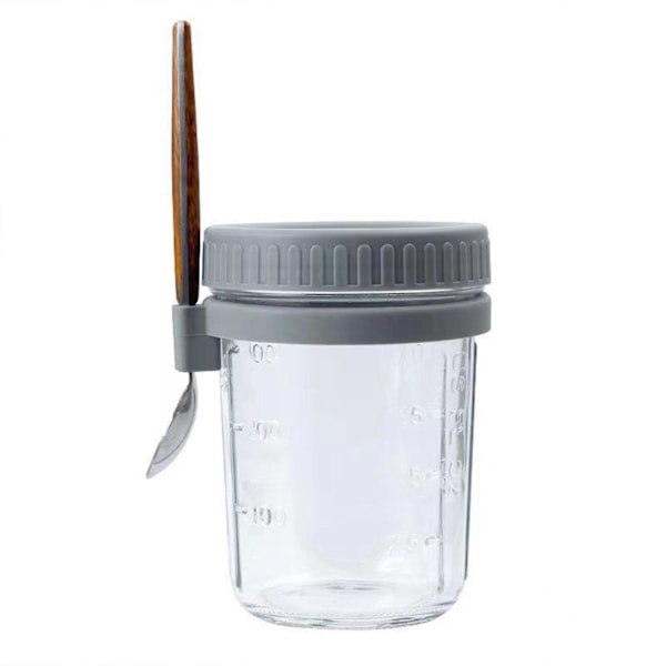 Bästsäljare - Havregrynsmoothieburk Glasbehållare för flingor Go Salladsbehållare Lock Overnight Oats Burkar med Lock och Skedar grey 350ml