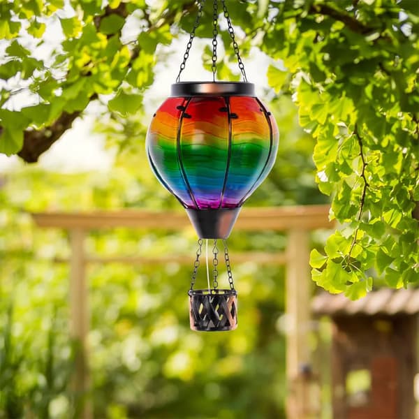 Solcellelamper formet som en varmluftsballon, udendørs krone i jern og glas, havebelysning, IP55, LED solcellekrone, LED solcellelamper