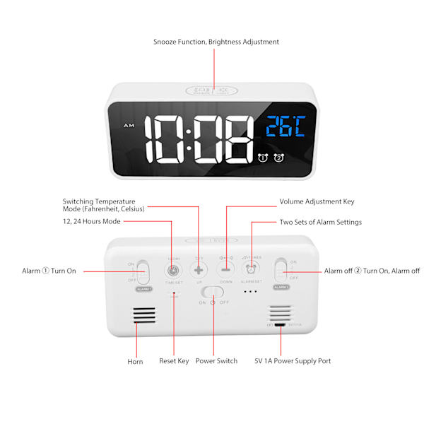 Spegell LED Väckarklocka Två Uppsättningar Alarm Uppladdningsbar Röstaktiverad Digital Klocka för Sovrum Sängbord Skrivbord White